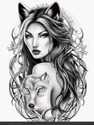 Wolf Lady Tattoo,embodiment of fierce femininity and the wolf's strength, entwined in a captivating tattoo. , tattoo design, white clean background