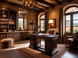 Tuscan home office showcases warm earth tones, wooden furniture, and rustic decor, evoking the charm of a cozy Italian villa for productivity.  