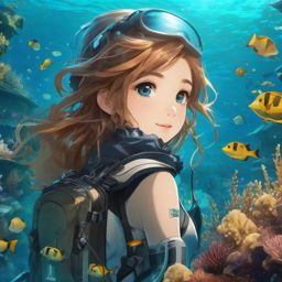 Underwater treasure hunt with detailed shipwrecks and HDR aquatic life  front facing ,centered portrait shot, cute anime color style, pfp, full face visible