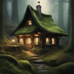 enchanted black forest cottage - create an illustration of a cozy, moss-covered cottage nestled deep within the mystical black forest. 