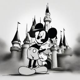 drawing of Mickey Mouse in front of a castle  minimal rough sketch scribbles,doodles,black and white