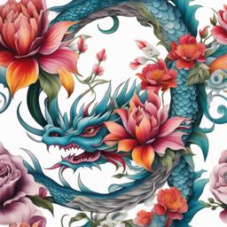 Flower dragon tattoo, Creative tattoos that combine the beauty of flowers with dragon imagery.  vivid colors, white background, tattoo design