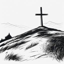 drawing of a cross on a hill  minimal rough sketch scribbles,doodles,black and white