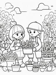 Kawaii Gardening Coloring Pages - Happy Characters Planting Flowers Together  minimal black outline printable sheet, coloring page