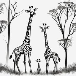 drawing of a giraffe family  minimal rough sketch scribbles,doodles,black and white