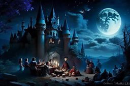 alghouls feasting upon the remains of their victims in the moonlight of a transylvanian castle. 