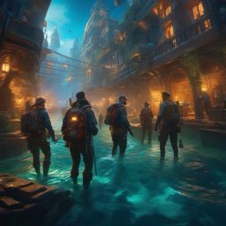 Group of adventurers searches for legendary city hidden beneath the ocean. hyperrealistic, intricately detailed, color depth,splash art, concept art, mid shot, sharp focus, dramatic, 2/3 face angle, side light, colorful background