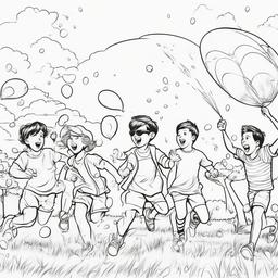 Summer Coloring Pages - Group of friends having a water balloon fight  simple coloring pages