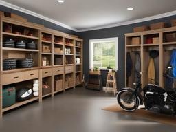 The garage features traditional interior design with organized storage solutions, classic decor, and warm accents that make the space both functional and visually appealing.  