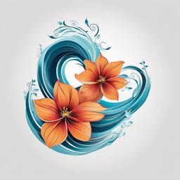 Wave and Flower Tattoo - Blend nature's beauty with the fluidity of waves and the elegance of flowers in a captivating tattoo.  simple vector color tattoo,minimal,white background