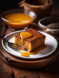 malva pudding, south african warm sponge dessert, devoured at a cozy safari lodge in kruger national park. 