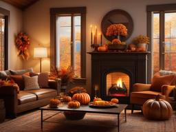 Thanksgiving Wallpaper-A cozy living room decorated with autumnal colors, a crackling fireplace, and a family gathered for Thanksgiving.  aesthetic background wallpaper