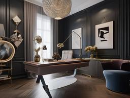 The home office exemplifies surrealist interior design, featuring a desk with unusual shapes, surreal artwork, and imaginative decor that inspires creativity in an unconventional environment.  