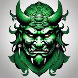 samurai oni mask tattoo design  green color tattoo,white background,minimal