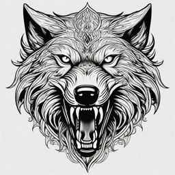 Fenrir Wolf Tattoo,tattoo of the fearsome Fenrir, a colossal and formidable wolf from Norse mythology. , tattoo design, white clean background