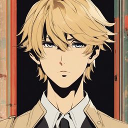 Front facing face, boy with blonde hair, big eyes in a retro anime studio.  close shot of face, face front facing, profile picture pfp, anime style