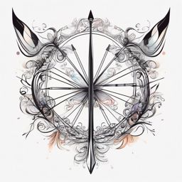 Abstract bow and arrow swirls ink. Whimsical dance of the archer.  color tattoo design, white background