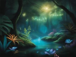 create an enchanted jungle where bioluminescent creatures illuminate the canopy. 