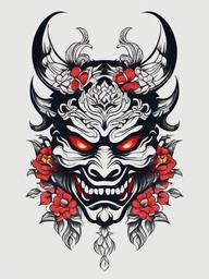 Oni Mask with Flowers Tattoo - Combines the fierceness of the Oni mask with the delicacy of flowers in tattoo design.  simple color tattoo,white background,minimal