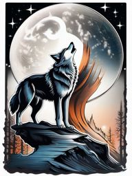 Wolf Howling at the Moon Tattoo,timeless scene, wolf serenading the moon, testament to the enduring connection with the cosmos. , color tattoo design, white clean background