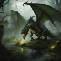 plague dragon haunting a pestilent swamp, spreading decay and disease throughout the murky waters. 