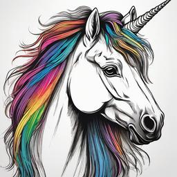 drawing of a unicorn with a rainbow mane  minimal rough sketch scribbles,doodles,black and white