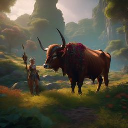 Gorgon Calf Grazing with a Beastmaster Druid detailed matte painting, deep color, fantastical, intricate detail, splash screen, complementary colors, fantasy concept art, 8k resolution trending on artstation unreal engine 5