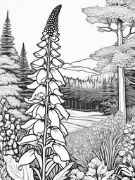 Foxglove coloring page sheet - Foxglove flowers towering over a woodland clearing.  black outline printable coloring page