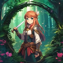 Skilled swordswoman, in an enchanted forest, guarding a mystical portal that leads to other realms.  front facing ,centered portrait shot, cute anime color style, pfp, full face visible