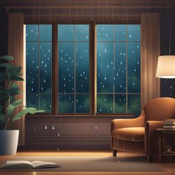 rain clipart - raindrops descending on a windowpane, creating a cozy atmosphere in a book lover's room 