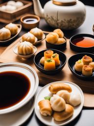 dim sum delights - an elegant spread of bite-sized dumplings, buns, and rolls, served with tea. 