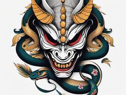 Hannya Mask and Snake Tattoo - A tattoo design that combines the iconic Hannya mask with a snake motif, creating a unique and symbolic composition.  simple color tattoo,white background,minimal