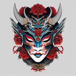 geisha oni mask tattoo  simple color tattoo,white background,minimal