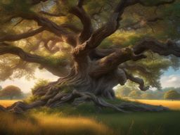 Ancient oak tree, with gnarled branches reaching for the heavens, stands tall and proud amidst tranquil meadow, providing shade and shelter to all who seek its wisdom. hyperrealistic, intricately detailed, color depth,splash art, concept art, mid shot, sharp focus, dramatic, 2/3 face angle, side light, colorful background