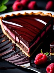 slice of decadent raspberry chocolate tart, with layers of chocolate ganache and raspberry coulis. 