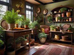 The garden room showcases vintage interior design with colorful planters, antique gardening tools, and charming decor that brings character and warmth to indoor gardening.  