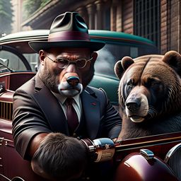 a large, angry, and scary gangster grizzly bear from the 1930s wearing a mobster's suit and mobster's hat and sunglasses is smoking a cigar while holding a tommy gun leaning against an old school 1930s mobster's car, photo realistic, hyper-realism, ultra hyper realistic photo realism, professional photography, 1930s large, scary, and scary grizzly bear dressed as a gangster