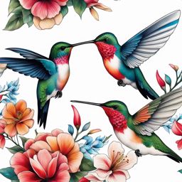 Hummingbird tattoo with flowers, Tattoos featuring hummingbirds alongside floral elements.  vivid colors, white background, tattoo design