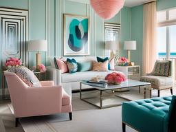 South Beach living room dazzles with its Art Deco-inspired pastel hues, sleek furnishings, and bold geometric patterns, creating a glamorous yet relaxed beachfront atmosphere.  