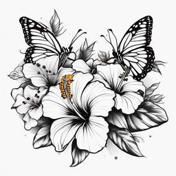 Hibiscus and Butterfly Tattoo - Combine the elegance of hibiscus with the free-spirited nature of butterflies in a tattoo, creating a harmonious and beautiful design.  simple color tattoo, minimal, white background