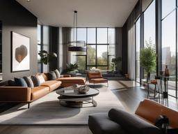 Urban modern interior design in the living room features sleek furniture, large windows, and an open floor plan that creates a bright and airy atmosphere.  