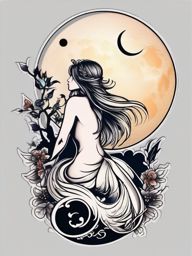 fairy and moon tattoo  simple color tattoo style,white background