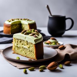 pistachio almond cake with pistachio frosting, enjoyed at a cozy coffee shop. 