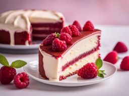 red raspberry velvet cake with raspberry cream cheese icing, relished at a romantic date. 