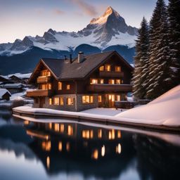 swiss chalets, with cozy interiors, nestle in the snow-capped swiss alps. 