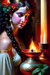 hestia, the goddess of the hearth, tending to the eternal flame in a tranquil temple. 