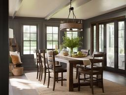 The dining room embodies rustic interior design with a large farmhouse table, mismatched chairs, and earthy accents that make family meals feel intimate and welcoming.  