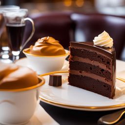 sacher torte, a rich austrian chocolate cake, indulged at a vienna café with classical music. 