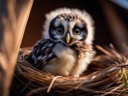 small owl chick, fluffing its feathers in its cozy nest. 