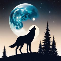 Wolf and Moon Tattoo,tranquil night with a wolf silhouetted against a radiant moon, peaceful guardian of the night. , color tattoo design, white clean background